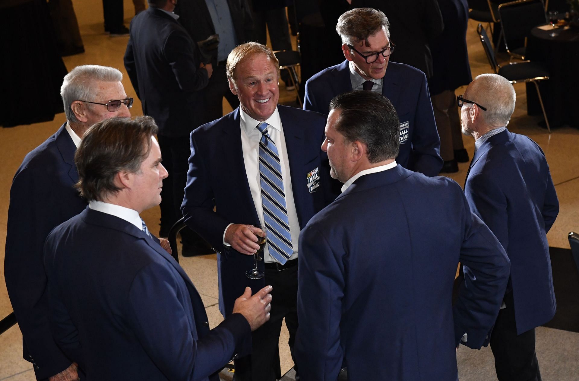 (L-R) Leonard Wood, Rusty Wallace, Ray Evernham, Mark Martin, Tony Stewart and Jeff Gordon during the NHOF Class of 2021 ceremony. Source: Getty